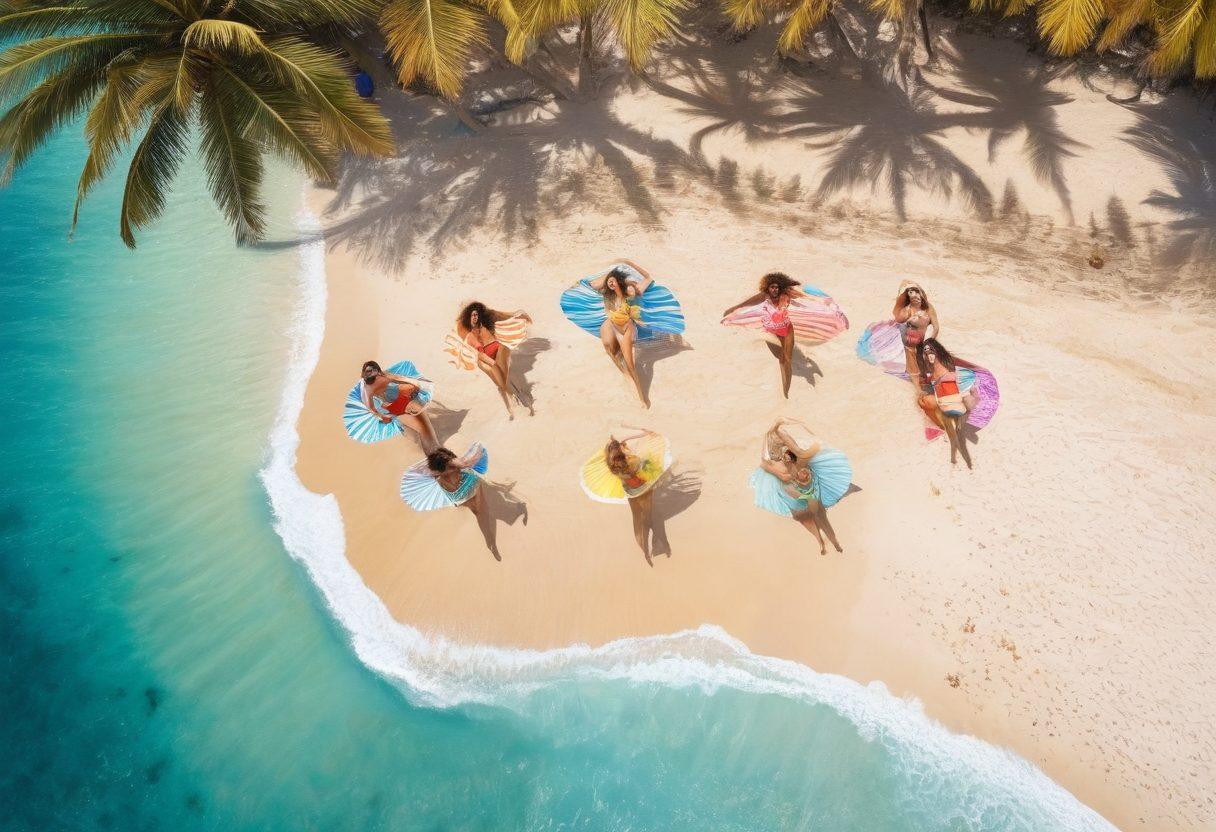 A vibrant beach scene filled with diverse women showcasing a variety of trendy bikinis and beachwear styles. Include colorful beach umbrellas, sparkling blue water, and golden sand, capturing the essence of summer fun and fashion. Focus on lively expressions and dynamic poses to evoke a sense of excitement. Add tropical elements like palm trees and seashells for a complete summer vibe. super-realistic. vibrant colors. bright sunlight.