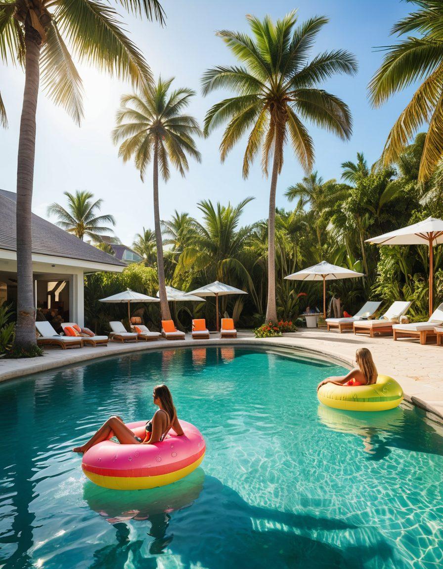 A vibrant beach scene showcasing a diverse group of fashionable individuals in stylish swimwear, lounging by a sparkling pool and enjoying tropical drinks. The sunny ambiance highlights colorful floaties and palm trees in the background, while the ocean waves gently lap at the shore. Incorporate elements of fun and luxury to emphasize a chic lifestyle. bright colors. super-realistic.